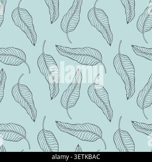 Seamless tropical leaf pattern with grey linear contour foliage on mint pastel background, elegant botanical vector illustration for textile design, minimalist wallpaper, wrapping paper and apparel fabric print. Vector illustration Stock Vector