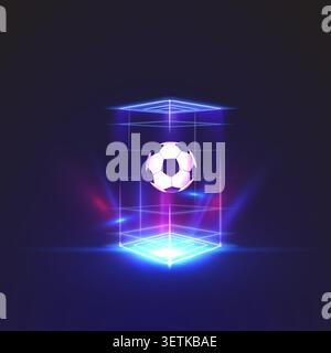 Floating football inside a glowing holographic cube with neon blue and purple lights on a dark futuristic background. Modern sports technology concept Stock Vector