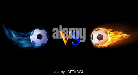 Creative football battle concept featuring a cold blue energy soccer ball versus a blazing fire soccer ball with glowing VS symbol on black background Stock Vector