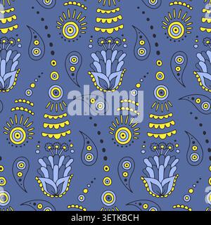 Hand drawn intricate Paisley seamless pattern on blue background Stock Vector