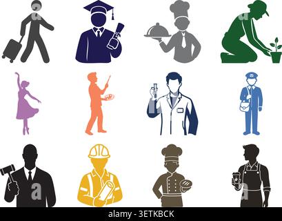A flat illustration set featuring various occupation and professional worker silhouettes. Stock Vector
