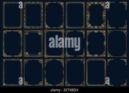 Collection of vintage thin gold frames, borders, labels. Art deco rectangle gold frame for nvitations, packaging luxury decorative templates.  Stock Vector