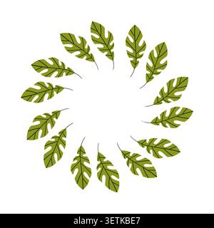 Tropical leaves wreath frame with khaki monstera leaf elements for wedding invitation branding and cosmetic packaging design Stock Vector