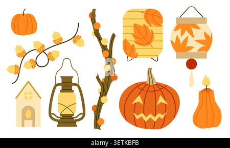 Autumn Light Vector Set Flat Pumpkin Lantern  Stock Vector