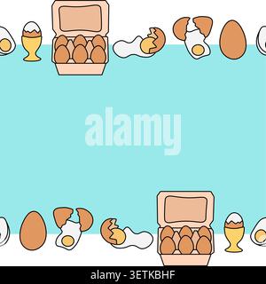 Egg horizontal border frame template hand drawn illustration. Vector graphic line art. Pattern with Eggs. Illustration for recipe cookbook, banner, po Stock Vector