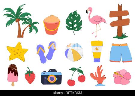 Flat Summer Beach Elements Collection. Tropical hand drawn icons set with flamingo, palm trees, wooden signpost, flip flops, beach ball, fruits, and Stock Vector