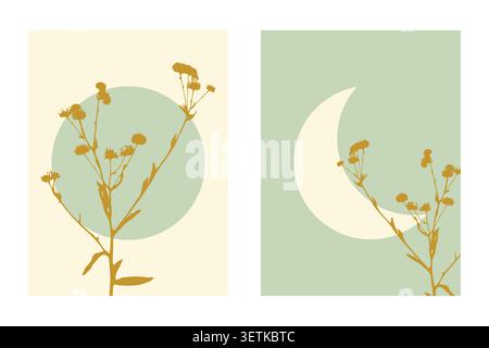 Minimalist botanical wall art prints set with golden wildflower silhouettes, sage green sun and crescent moon on cream backgrounds, ideal for modern boho home decor posters and t-shirt designs. Vector illustration Stock Vector
