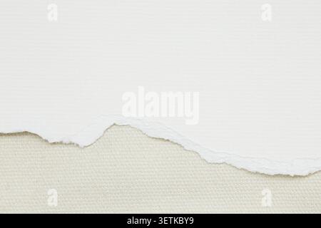 Torn white paper edge on light canvas fabric background. Stock Photo