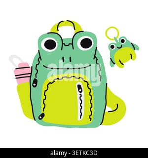 Cute frog backpack vector illustration on white background, funny green school rucksack with pink water bottle and small matching frog keychain Stock Vector