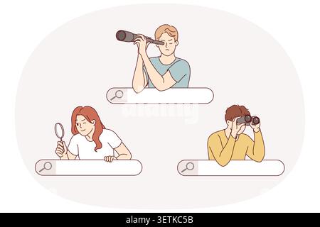 People search on internet, using binoculars or magnifying glass, looking out from behind search bar. Journalists conduct investigations collecting important information using osint technique Stock Vector