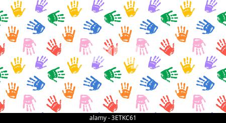 Color hand print seamless pattern. Cute kids palms Stock Vector