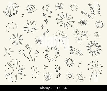 Funny doodle fireworks with stars and sparks. Linear lightning, explosion, sunburst, bling effect set Stock Vector