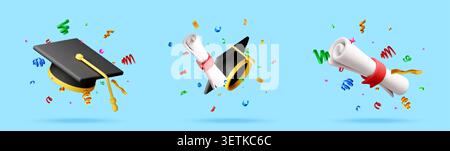 3D graduation cap and diploma scroll with confetti Stock Vector