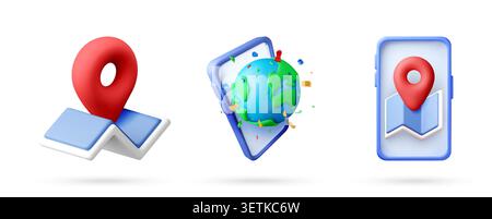 Set of 3D map pin, globe with smartphone Stock Vector