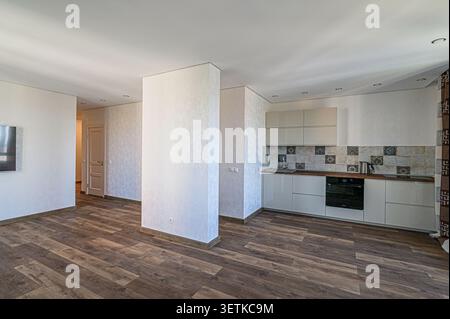 Modern apartment view showing kitchen area with cabinets, counter, and appliances, separated by a partial wall from the living space with wood floors Stock Photo