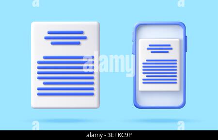 3D set of paper document and mobile phone screen Stock Vector