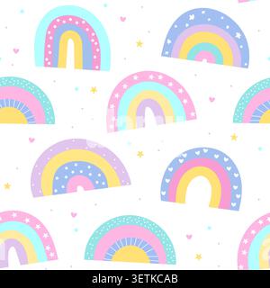 Cute doodle style seamless pattern with rainbows and stars Stock Vector