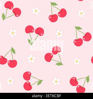 Seamless pattern with red cherries and white flowers on pink. Summer fruit design for textiles and nursery decor Stock Vector