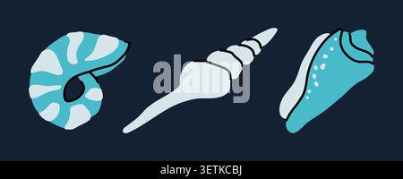Sea shells vector illustration on dark background. Creative hand drawn nautilus and conch seashells set for elegant marine design, summer print Stock Vector
