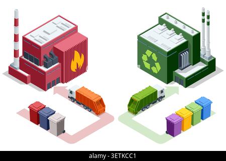 Isometric waste treatment comparison with incineration plant, recycling factory, truck and color bin. Industrial eco infographic explains disposal Stock Vector