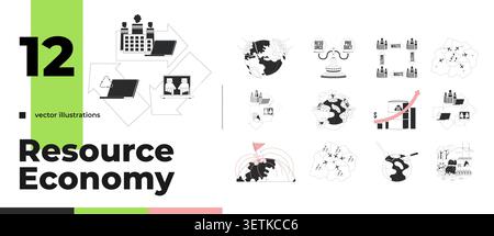 Resource economy line illustration concept set Stock Vector