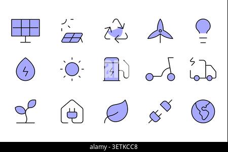 Renewable Energy Filled Line Icons Set. Solar Panel, Recycling, Wind Turbine, Light Bulb and Electric Vehicle Vector Illustration Stock Vector
