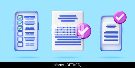 3D set of checklist and document. Stock Vector