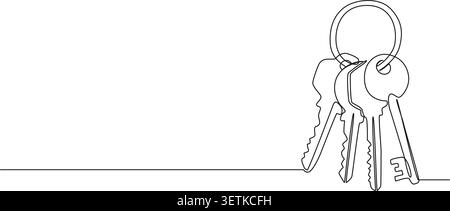 continuous line drawing of set of keys on round key ring. security, real estate, home ownership concept, line art vector illustration Stock Vector