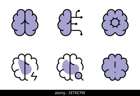 Brain Editable Stroke Filled Icons Set. Artificial Intelligence, Neural Network, Brain Scan, Brain Analysis, Cognitive Health and Neurology Vector Ill Stock Vector