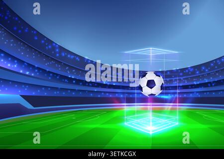 Creative futuristic sports background featuring a soccer ball hologram in a modern stadium with neon technology effects, glowing lights. Stock Vector