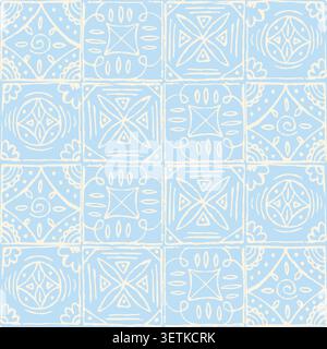 Delicate light blue and white Amalfi style tile seamless pattern. Retro square abstract background. Coastal stylized Italian majolica. Mediterranean a Stock Vector