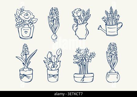 Hand drawn spring flowers and botanical potted plants doodle set Stock Vector