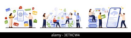 People using mobile data, cloud storage, AI apps, and tech support tools with smartphones, servers, and icons, modern flat style isolated on white background vector illustration Stock Vector