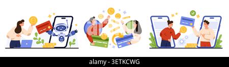 Set of people using smartphones for online money transfer, digital banking, card payments, mobile wallet transactions, fintech services, saving money, isolated on white background vector illustration Stock Vector
