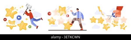 People destroying rating stars with hammer, kicking reviews, cutting reputation score, concept of negative feedback, customer dissatisfaction, online rating crisis isolated vector illustration Stock Vector