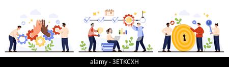 Business people collaborating with gears, planning workflow, achieving goals, unlocking success, productivity and teamwork concept set, isolated on white background vector illustration Stock Vector