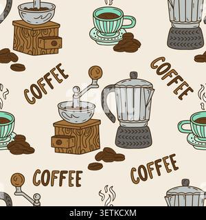 Hygge coffee hand mill and moka pot seamless pattern with text Stock Vector