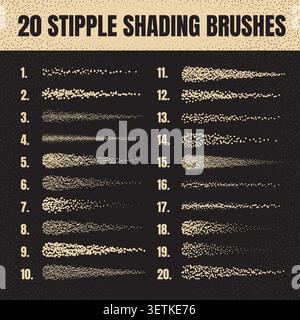 Ink scatter brush, stipple drawing and texturing. Fading gradient. Stippling, dotwork drawing, shading using dots. Halftone disintegration effect Stock Vector
