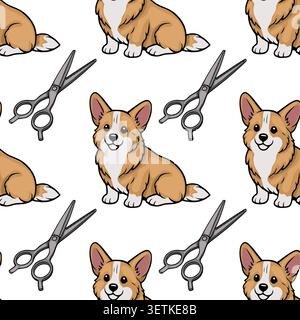 Cute corgi dog and scissors seamless vector pattern, playful grooming illustration Stock Vector