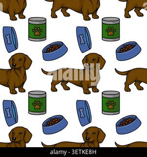 Adorable dachshund dog seamless pattern vector illustration with food bowls and cans Stock Vector