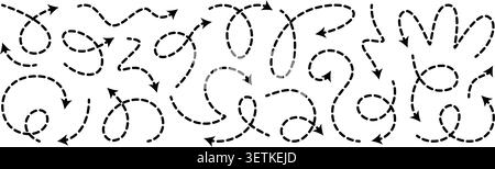 Dashed arrow squiggly vector line set. Curved shape doodle brush element. Complex plan, map path pattern. 3d up down direction scribble dynamic curly Stock Vector