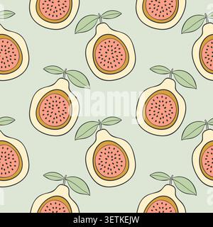 Guava pattern with stylized exotic fruits on pale green background, perfect for tropical theme textile prints, healthy food packaging and summery wrapping paper. Vector illustration Stock Vector