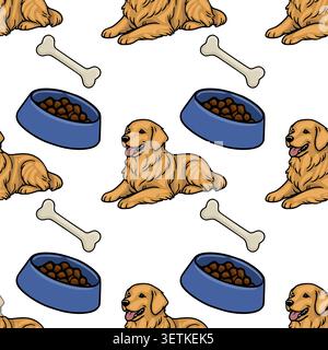 Adorable Golden Retriever dog vector pattern with food bowls and bones, seamless illustration Stock Vector