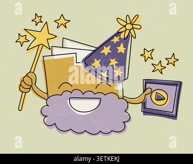 Cute AI assistant character with wizard hat, magic wand, smiling face, and play button, symbolizing creative artificial intelligence, digital tools, i Stock Vector