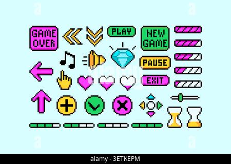 Pixel art game interface buttons, icons, controls, and status elements collection in retro arcade style, featuring colorful user interface assets insp Stock Vector