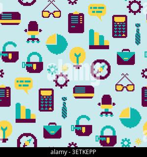 Pixel art office supplies, business symbols, work accessories, and productivity elements seamless pattern in retro game style, featuring colorful work Stock Vector