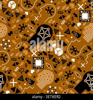 Artificial intelligence symbols, technology icons, neural network elements, and digital innovation seamless pattern in modern flat style, featuring ab Stock Vector