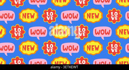 Bright seamless pattern with word stickers Stock Vector