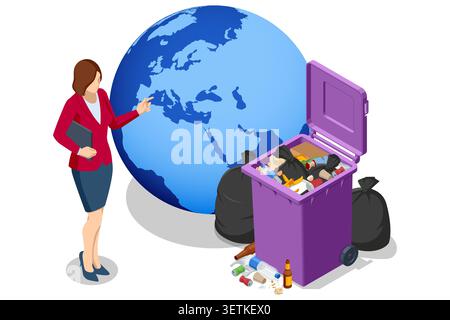 Isometric waste management workflow with sanitation crew, color bin, garbage truck and recycling plant. Urban eco process illustration explains Stock Vector