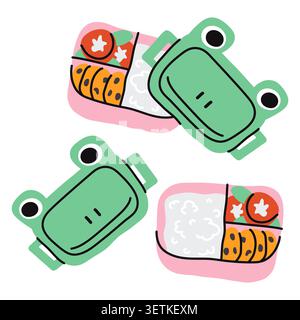 Cute frog lunch box vector illustration on white background, open and closed green bento box with healthy school food like rice, vegetables and cookie Stock Vector
